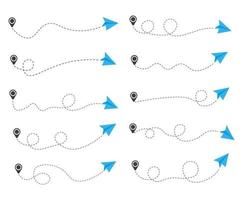 conjunto de ruta de avión de papel de línea discontinua con icono de ubicación vector