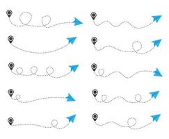 Set of Dashed Line Paper Airplane Route with Location Icon vector