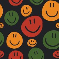 Cute childish seamless pattern smiling circles Vector texture in African colors - red, green, yellow on black background. sweet children print backdrop