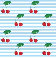 Cute seamless pattern with blue white stripe and cherry doodle. Fashion textile print, girlish wallpaper design. Vector illustration background