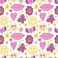 Groovy seamless pattern vector background with Retro hippie flowers and hearts. repeat texture wallpaper, textile design, print.