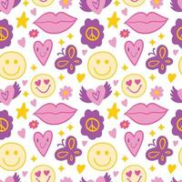 Groovy seamless pattern vector background with Retro hippie flowers and hearts. repeat texture wallpaper, textile design, print.