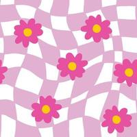 Pink and White Groovy Wavy Melted Psychedelic Checkerboard with small daisy flower doodle. seamless pattern vector background. Retro hippie trippy optical repeat texture.