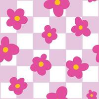 Pink and White Groovy Checkerboard Grid seamless pattern with small daisy flower doodle.  vector background. Retro hippie girlish trendy repeat texture design