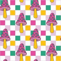 Groovy Checkerboard Grid seamless pattern with colorful trippy psychedelic spotted amanita mushroom. seamless pattern vector background. Retro hippie bright repeat texture design