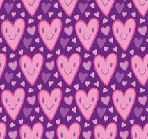 Cute seamless pattern background with hearts with smile face on purple background. Bright vector backdrop, retro 90s nostalgic print, wallpaper.
