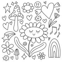 conjunto de elementos de imágenes prediseñadas de fideos. elementos de diseño de contorno negro - flor de margarita sonriente, corazones con alas, champiñones, corazones, estrellas vector