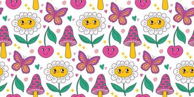 Cute kawaii daisy seamless pattern background with daisy chamomile flower, cherry with smile face, butterfly, trippy groovy mushroom. Bright vector background colorful elements. retro 90s print.