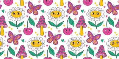 Cute kawaii daisy seamless pattern background with daisy chamomile flower, cherry with smile face, butterfly, trippy groovy mushroom. Bright vector background colorful elements. retro 90s print.