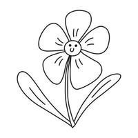 Black and white smiling face daisy chamomile flower doodle. Outline single simple vector design element isolated on white background. cute clip art