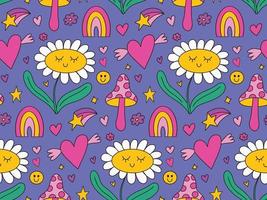 Cute kawaii daisy seamless pattern background with daisy chamomile flower, hearts, rainbow, trippy groovy mushroom on blue backdrop. Bright vector retro 90s, 2000s print background, wallpaper.