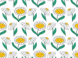 Cute kawaii daisy seamless pattern background with daisy chamomile flowers, smiling face. Bright floral childish vector background with colorful elements. Sweet plant character, retro 90s print