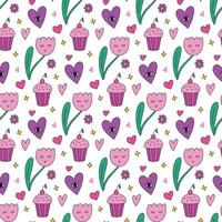 Cute kawaii seamless pattern background with smiling tulip flower, heart with eye, stars. Bright vector background with colorful elements. retro 90s, 2000s print