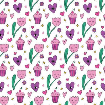 Cute kawaii seamless pattern background with smiling tulip flower, heart with eye, stars. Bright vector background with colorful elements. retro 90s, 2000s print