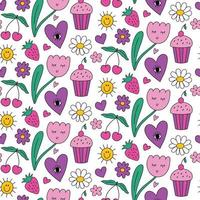 Cute kawaii daisy seamless pattern background with smiling tulip flower, heart with eye, stars, strawberry. Bright vector background with colorful elements. retro 90s, 2000s print.