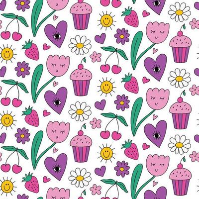 Cute kawaii daisy seamless pattern background with smiling tulip flower, heart with eye, stars, strawberry. Bright vector background with colorful elements. retro 90s, 2000s print.