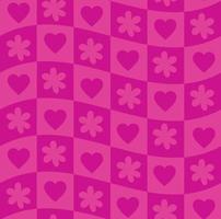 Groovy Wavy Melted Psychedelic purple pink funky Checkerboard with daisy flowers and hearts seamless pattern vector background. Retro hippie trippy optical repeat texture wallpaper, textile design