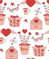 Valentines Day vector seamless pattern background - gift box, love letter, love plant, heart shaped sunglasses, coffee cup, heart with wings, tic tac toe