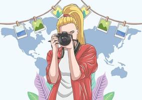 día mundial de la fotografía con concepto de mujer fotografiando vector