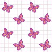Pink and White Grid checkers seamless pattern with colorful butterfly. 90s - 2000s seamless pattern vector background. Retro vintage nostalgic girlish repeat texture design.