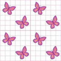 Pink and White Grid checkers seamless pattern with colorful butterfly. 90s - 2000s seamless pattern vector background. Retro vintage nostalgic girlish repeat texture design.