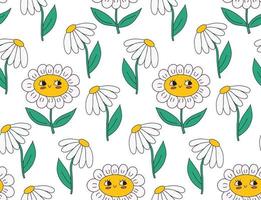 Cute kawaii daisy seamless pattern background with daisy chamomile flowers, smiling face. Bright floral childish vector background with colorful elements. Sweet plant character, retro 90s print