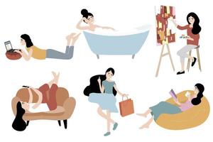 Woman character design in living room , bath room and outdoor vector