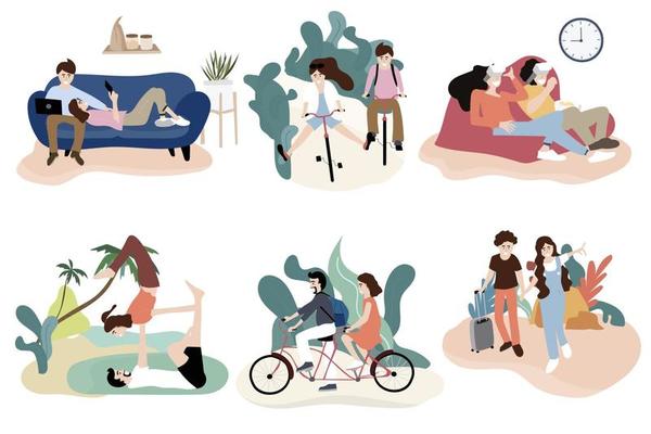 Couple character design with activity on riding bicycle,yoga,walking