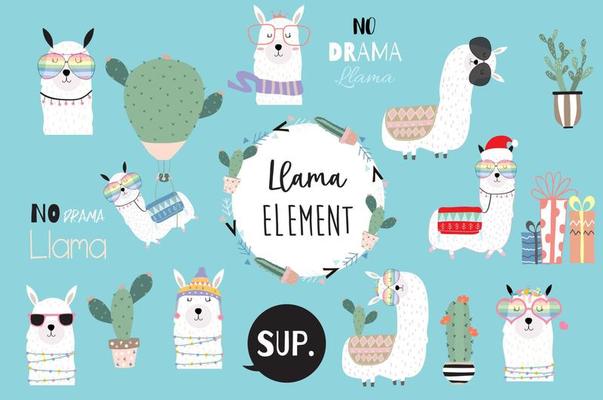 Blue hand drawn cute card with llama, heart glasses and hat in winter christmas.include wording No drama llama,no problem llama