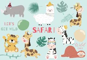 Collection of wild animal set with giraffe,tiger,zebra,sloth,llama vector