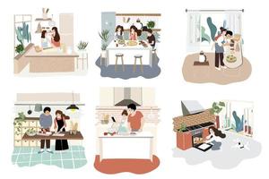 Family character design in kitchen with activity on cooking vector
