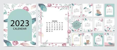 La semana del calendario de mesa 2023 comienza el domingo con color y flor que se usa para tamaño a4 a5 digital e imprimible vertical vector