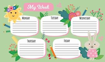 My week. Schedule lessons. Cute illustrations of the sun, bunny, flowers in a hand-drawn style. vector