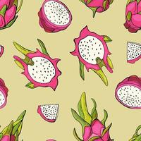 Red dragon fruit. Fruit seamless pattern with pitahaya. Design for fabric, textile, wallpaper, packaging. vector