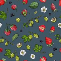 Fruity seamless pattern with strawberries, gooseberries, raspberries and currants. Design for fabric, textile, wallpaper, packaging, cafe. vector
