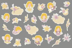 Set of stickers of cute angels, flowers, stars, clouds and harps. Vector illustration