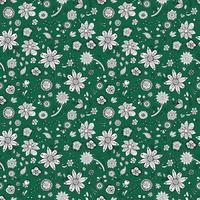 Hand-drawn floral pattern in ethnic style. White flowers on a green background. vector