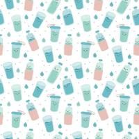 Seamless pattern with cute happy funny bottles and glasses. vector cartoon kawaii character water. Drink more water every day concept.