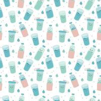 Seamless pattern with cute happy funny bottles and glasses. vector cartoon kawaii character water. Drink more water every day concept.