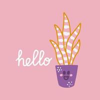 Cute succulent in pot with hand lettering Hello in hand drawn style, ready made postcard design, paper products vector