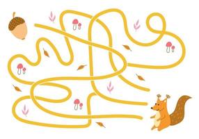 Labyrinth, help the squirrel find the right way to the nut. Logical quest for children. Cute illustration for childrens books, educational game vector