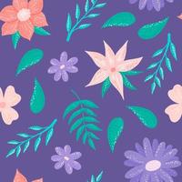Floral seamless pattern on a purple background with plants, leaves