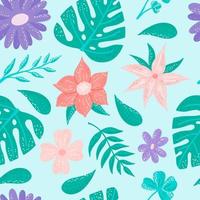 Tropical plants and flowers with texture on turquoise background, exotic seamless pattern vector