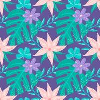Tropical plants and flowers with texture on purple background, exotic seamless pattern vector
