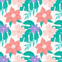 Tropical plants and flowers with texture on light background, exotic seamless pattern vector