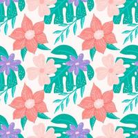 Tropical plants and flowers with texture on light background, exotic seamless pattern vector