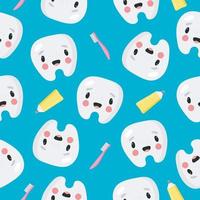 Seamless Pattern with funny tooth, toothpaste and toothbrush. Vector illustration. For card, posters, banners, the card, printing on the pack, printing on clothes, fabric, wallpaper.