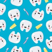 Seamless Pattern with funny tooth, toothpaste and toothbrush. Vector illustration. For card, posters, banners, the card, printing on the pack, printing on clothes, fabric, wallpaper.