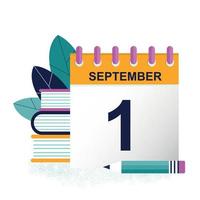 A leaf calendar with a date. Calendar, a stack of books and a pencil. Day of knowledge. September 1. Vector flat illustration. Holidays in September