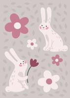 Two bunnies spring flower poster vector